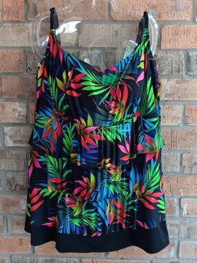 Longitude Womens Swimsuit Swim Dress Ruffled Front Tropical Size 18